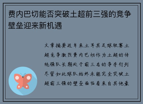 费内巴切能否突破土超前三强的竞争壁垒迎来新机遇