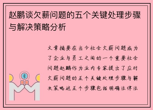 赵鹏谈欠薪问题的五个关键处理步骤与解决策略分析